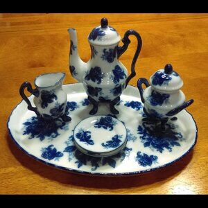 Vintage 1980s Porcelain Blue Floral Miniature Toy Collectible Tea Set - 8 Pieces